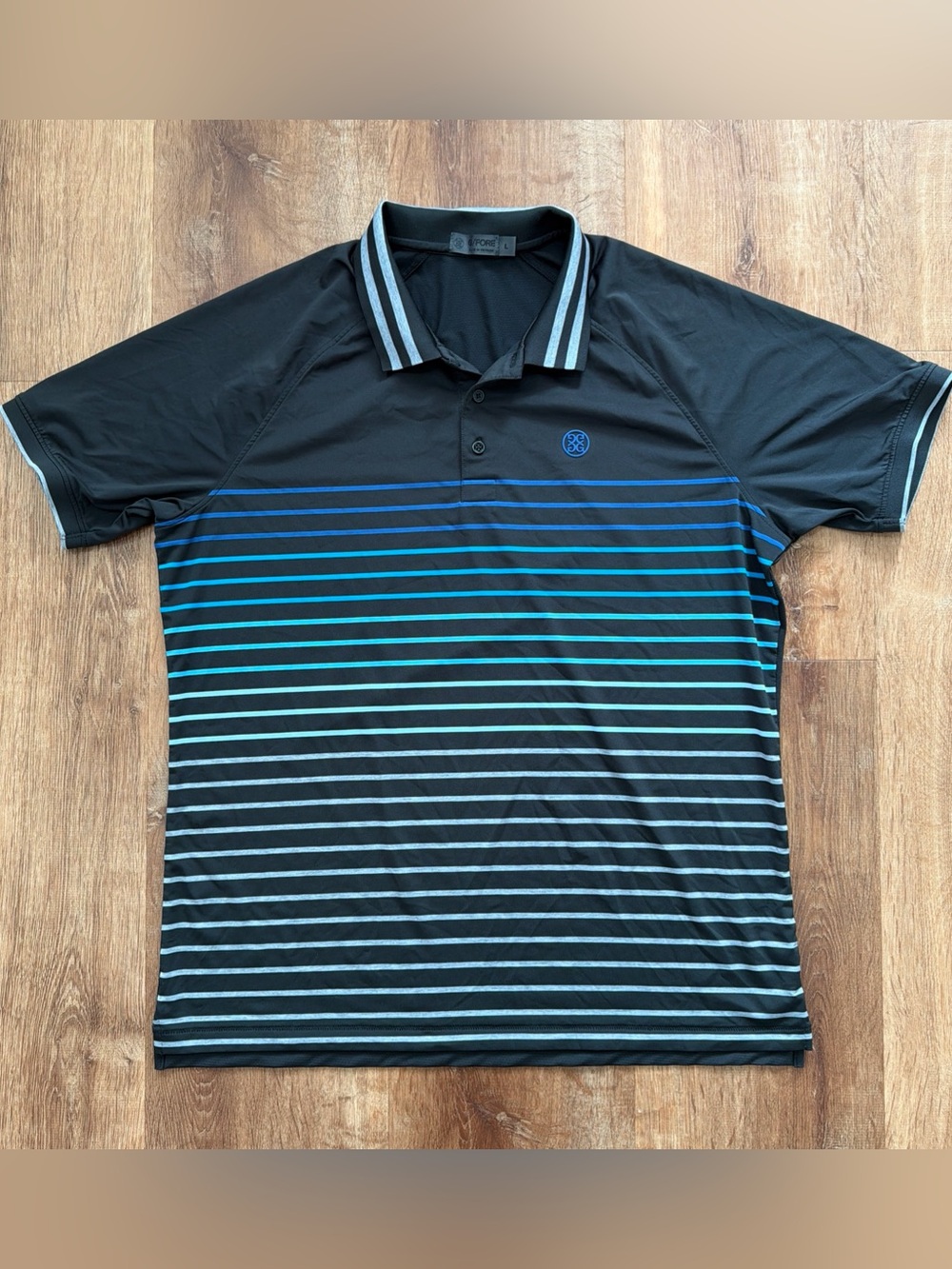 G/FORE Polo Shirt Mens Large Performance Golf Balck Blue Striped Lightweight